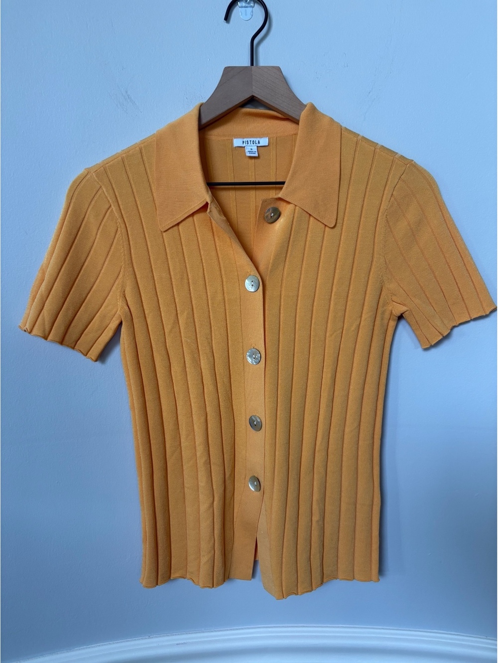 PISTOLA Dominique Short Sleeve Button-Up Ribbed Knit Polo Top in Papaya Small